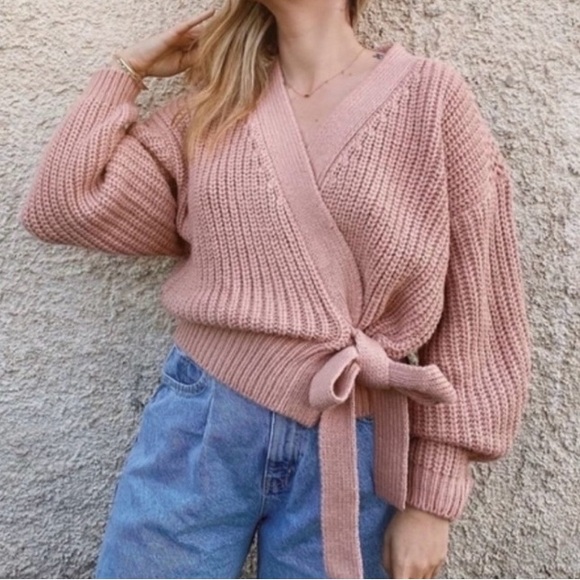 Zara Sweaters - Zara blush pink chunky knit belted wrap cardigan with balloon sleeves - Small